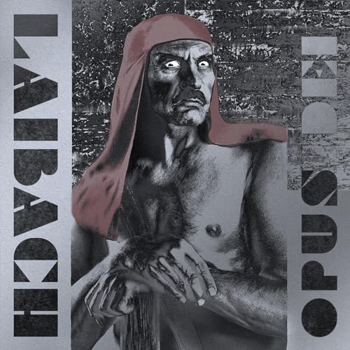 Album cover featuring a man in a head covering with text Laibach Opus Dei.