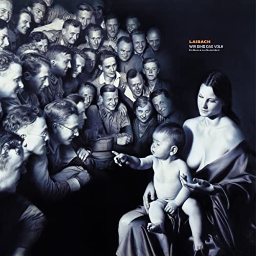CD cover: crowd of people, mother and child, monochromatic blue tone.