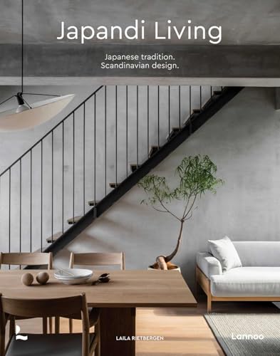Book cover showing a minimalist interior with a wooden dining table, staircase, and sofa.