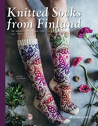 A book cover featuring a pair of colorful knitted socks and scattered flowers.