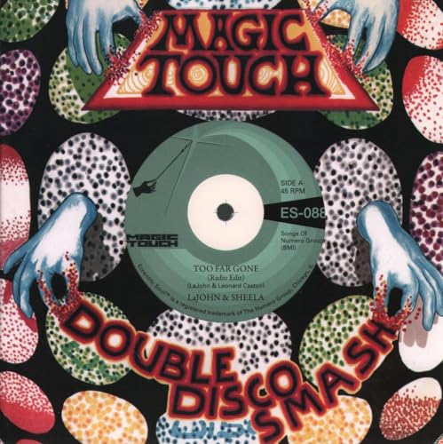 Vinyl record label featuring text Magic Touch and LaJohn & Sheela on patterned background.