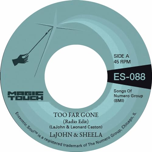 Light blue vinyl record label with black text and a hand illustration.