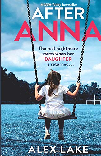 Book cover: girl on a swing, blue and pink text, dark trees.