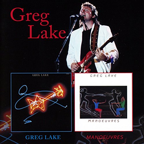 Greg Lake CD covers with musician performing live in background.