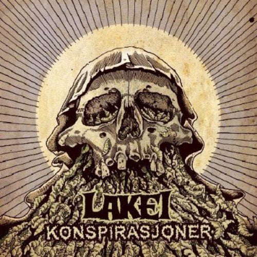 CD cover with a skull illustration and radiating lines, titled "Lakei - Konspirasjoner".