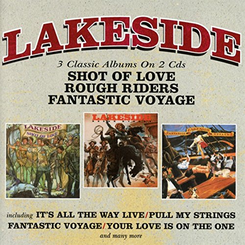 "Lakeside CD cover featuring three album covers and song titles on a beige background."