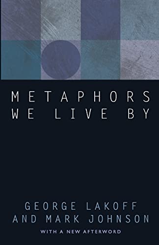 Book cover for Metaphors We Live By with a blue geometric pattern and text.