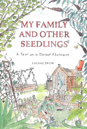 Book cover illustration of a garden allotment with a shed, plants, and gardening tools.