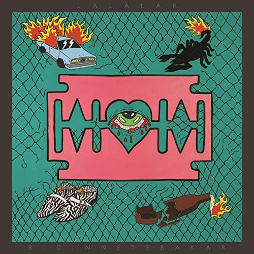 CD cover: green wire fence, car on fire, eye, and shoes.
