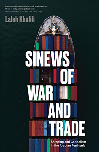 Book cover showing an aerial view of a container ship on dark water.