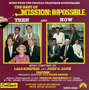 "CD cover for 'Best of Mission: Impossible' album, featuring cast images and maroon background."