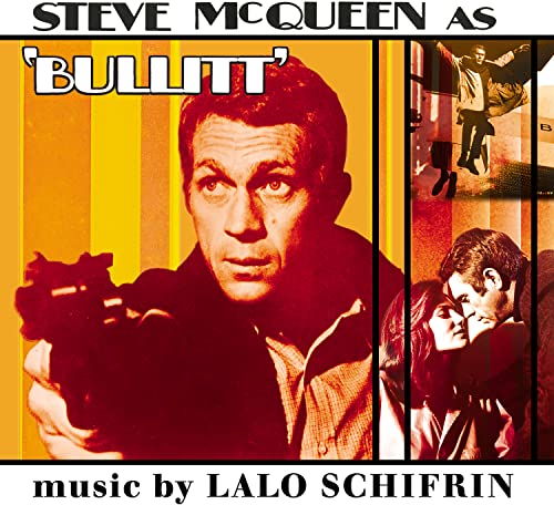 CD cover art for Bullitt featuring Steve McQueen holding a gun against yellow background.