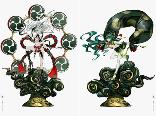 Two anime-style female characters standing on dark clouds, one with drums and one flowing.