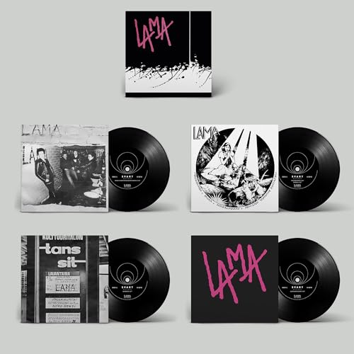 Four vinyl records with various black and white covers and pink Lama logo text.