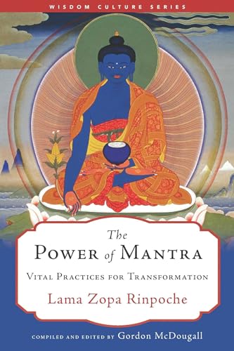 Book cover featuring a blue deity in a lotus position with mountains.