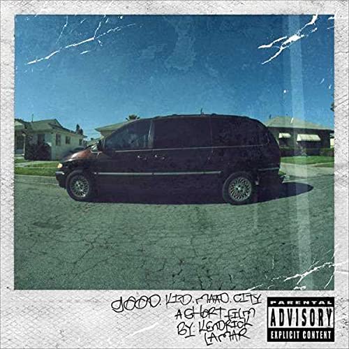 A dark minivan parked on a residential street with a parental advisory label below.