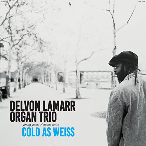 Vinyl album cover: Delvon Lamarr Organ Trio, man with hat in park.