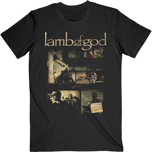 Black t-shirt with Lamb of God album collage graphic.