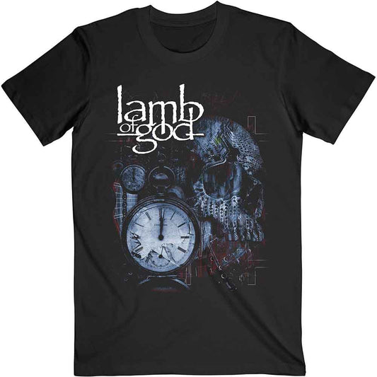 Black Lamb of God t-shirt with skull and clock graphic.