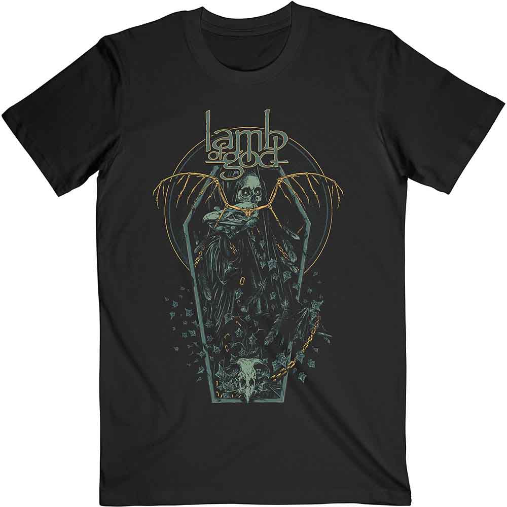 Black t-shirt featuring a winged skeleton inside a coffin with Lamb of God text.