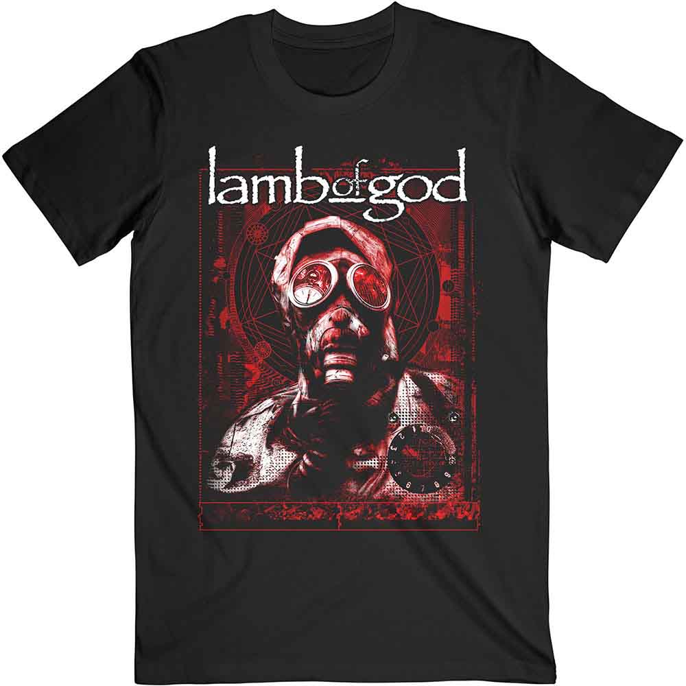 Black t-shirt with red graphic of a person wearing a gas mask.