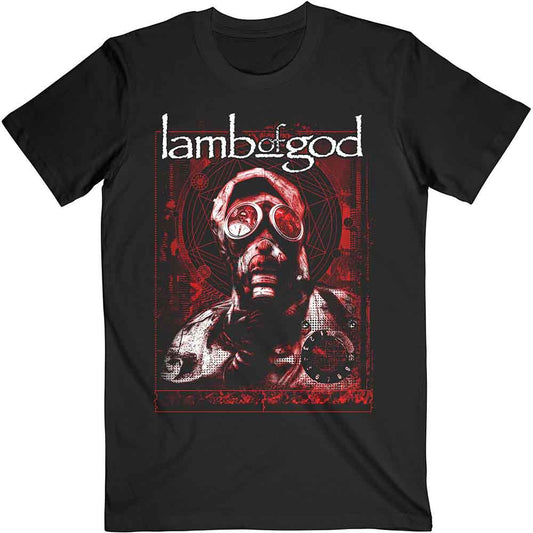 Black t-shirt with red graphic of a person wearing a gas mask.