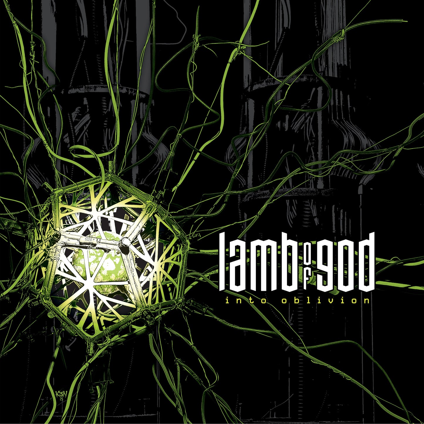 Lamb of God album cover: geometric cage with glowing green vines.