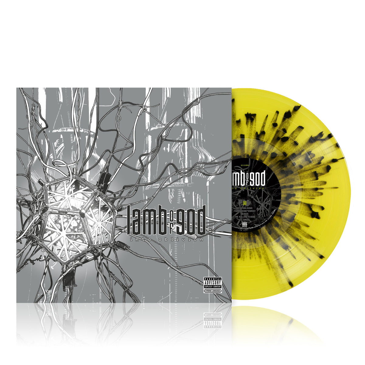Lamb of God album cover and yellow splatter vinyl record.