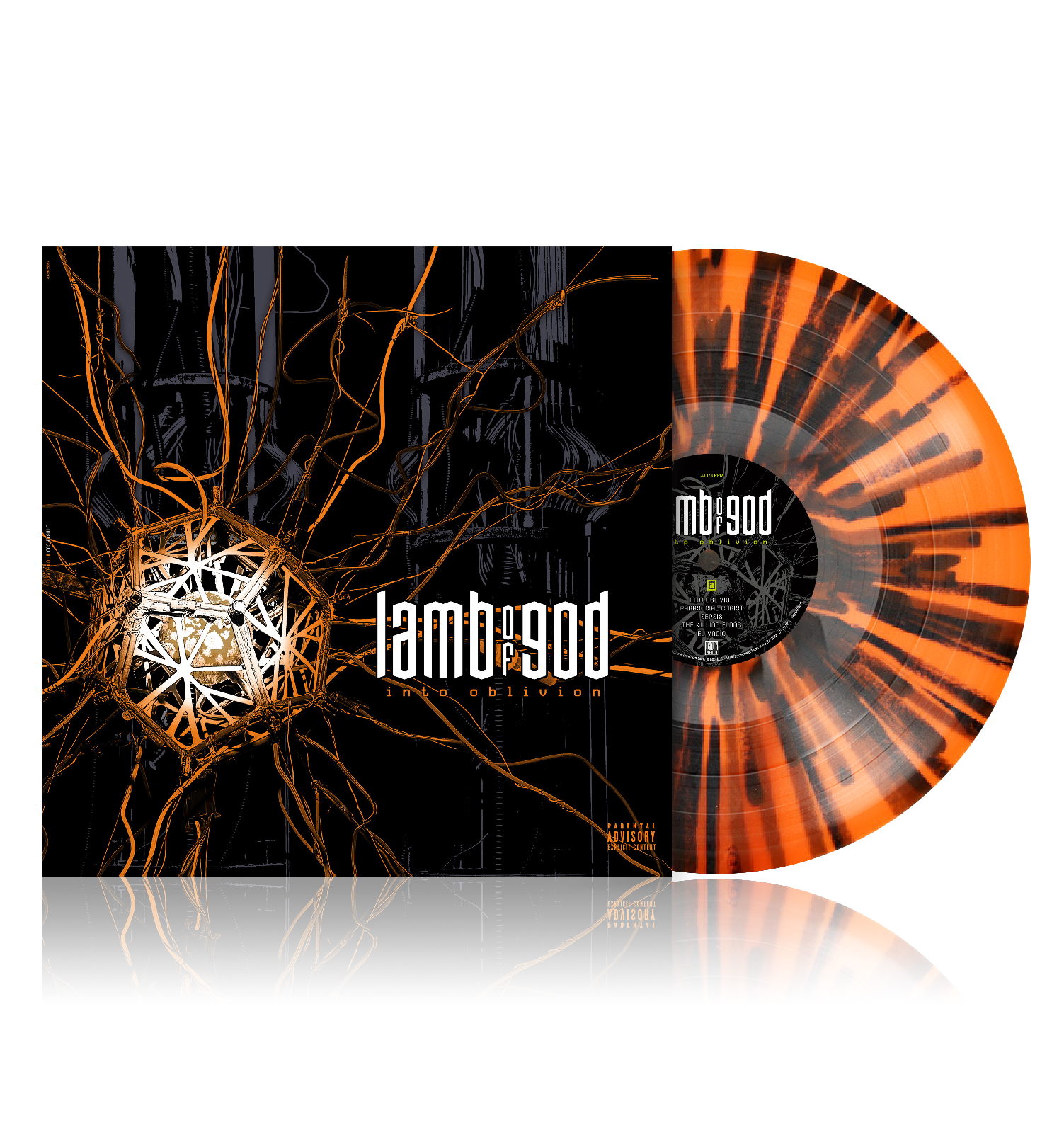 Lamb of God "Into Oblivion" vinyl LP, neon orange and black splatter.