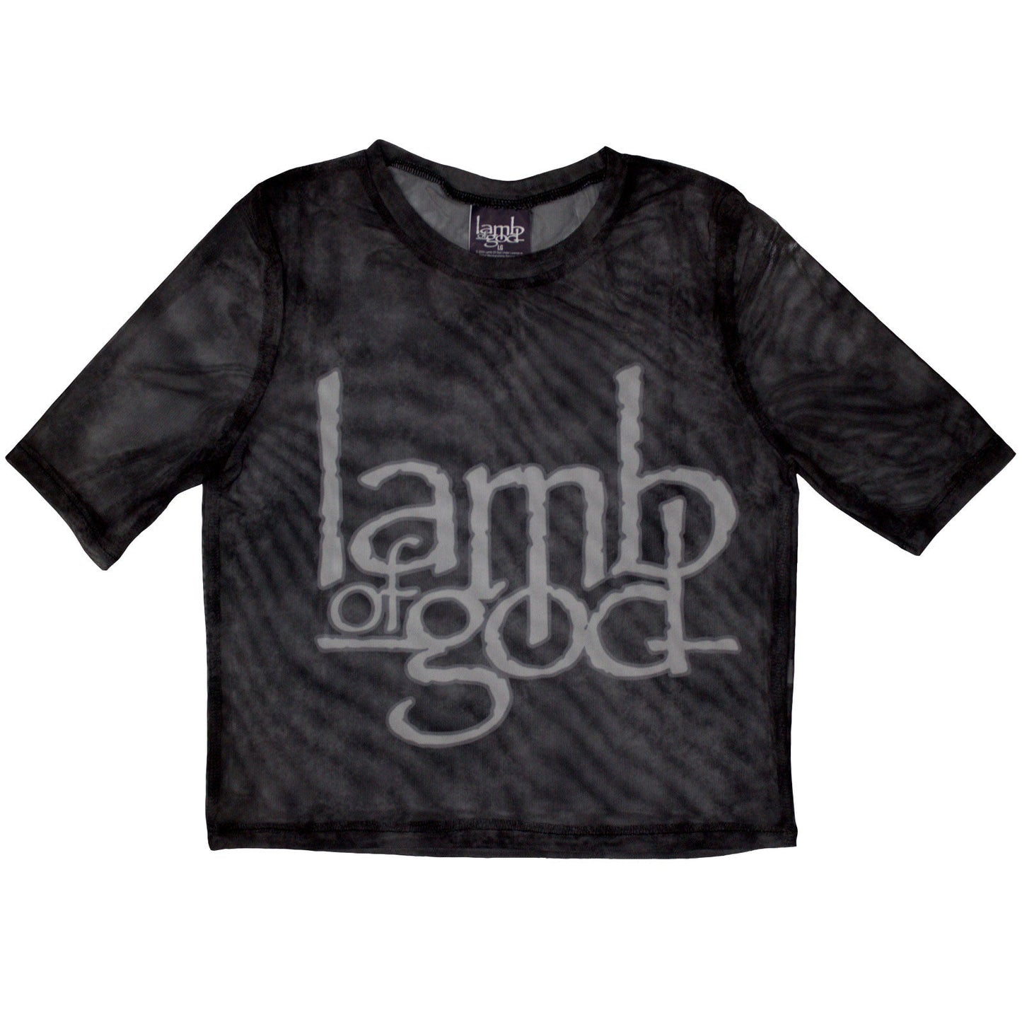 Black mesh crop top with white Lamb of God band logo, size X-Small.