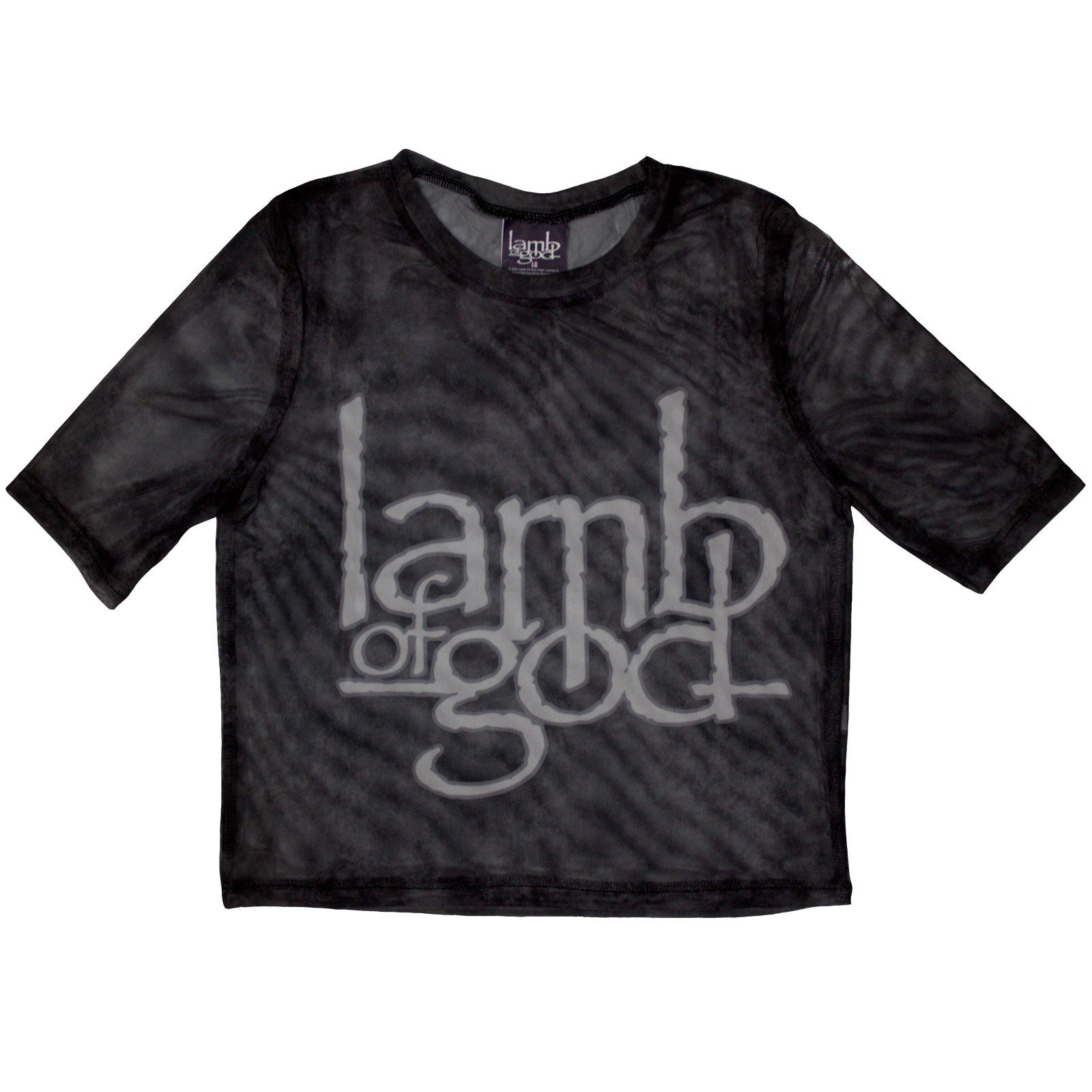 Black mesh crop top with white Lamb of God band logo, size X-Small.