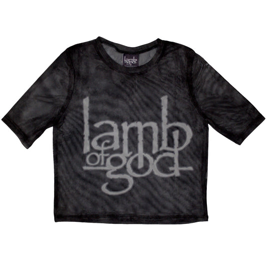 Black mesh crop top with white Lamb of God band logo, size X-Small.