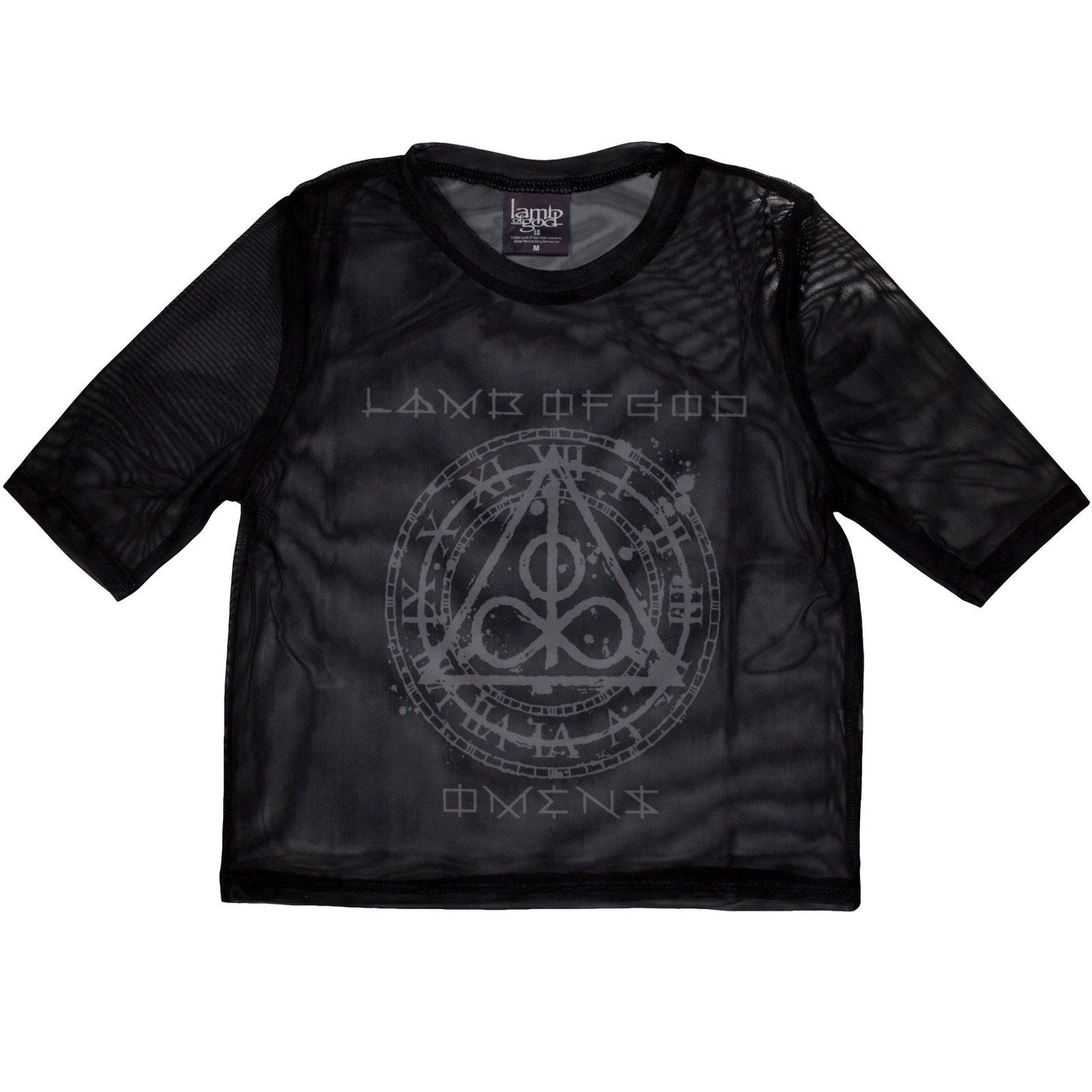 Black mesh crop top with Lamb of God “Omens” clock graphic, X-Small size.