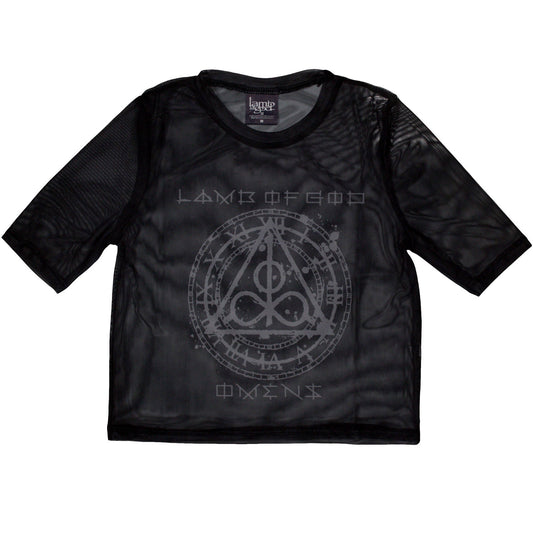 Black mesh crop top with Lamb of God “Omens” clock graphic, X-Small size.