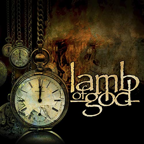 Lamb of God album cover with pocket watches and textured background.