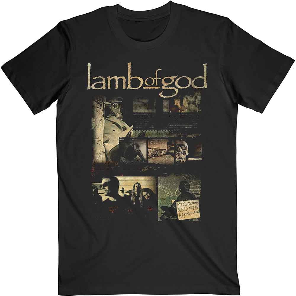 Black t-shirt with Lamb of God album collage graphic.
