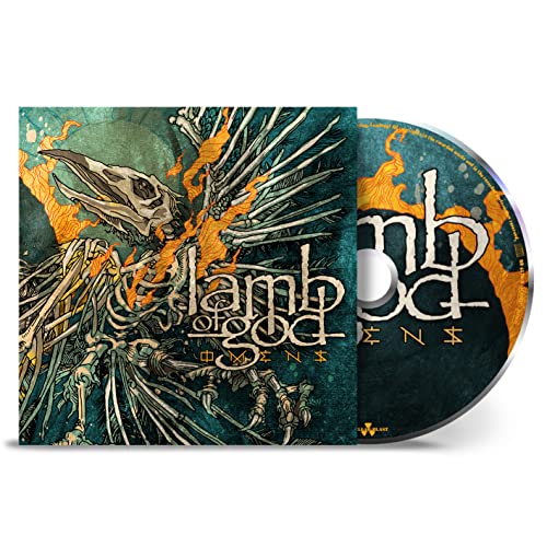 Lamb of God “Omens” CD cover with skeletal bird and fiery design.