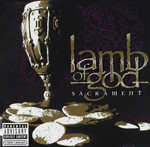 Album cover with 'Lamb of God' and 'Sacrament' text, featuring a goblet and CDs.