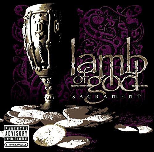 Lamb of God “Sacrament” CD cover featuring a silver chalice and purple swirls.