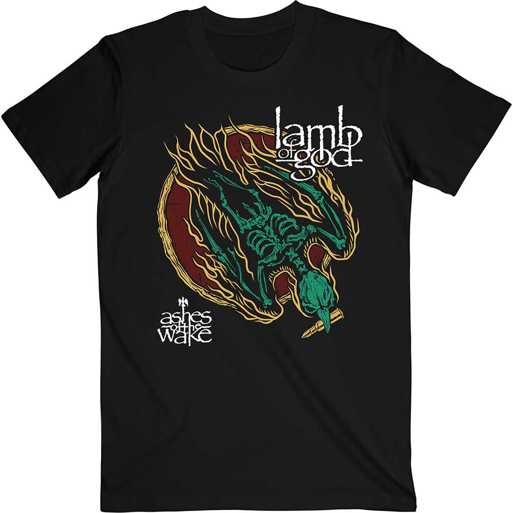 Black t-shirt featuring Lamb of God’s “Ashes of the Wake” album artwork.