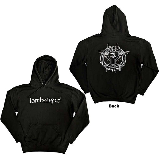 Black hoodie with large back print of a skeleton eagle, Lamb of God logo.