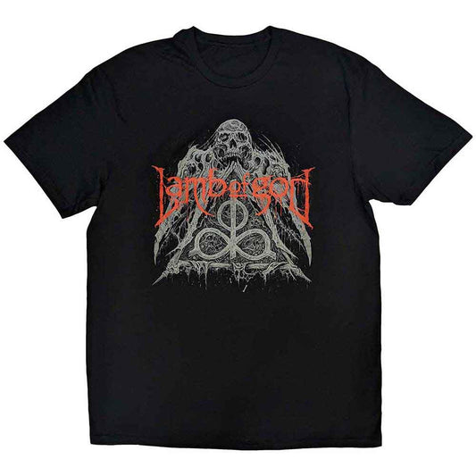Black unisex t-shirt featuring a graphic of a skull stacked within a pyramid design.