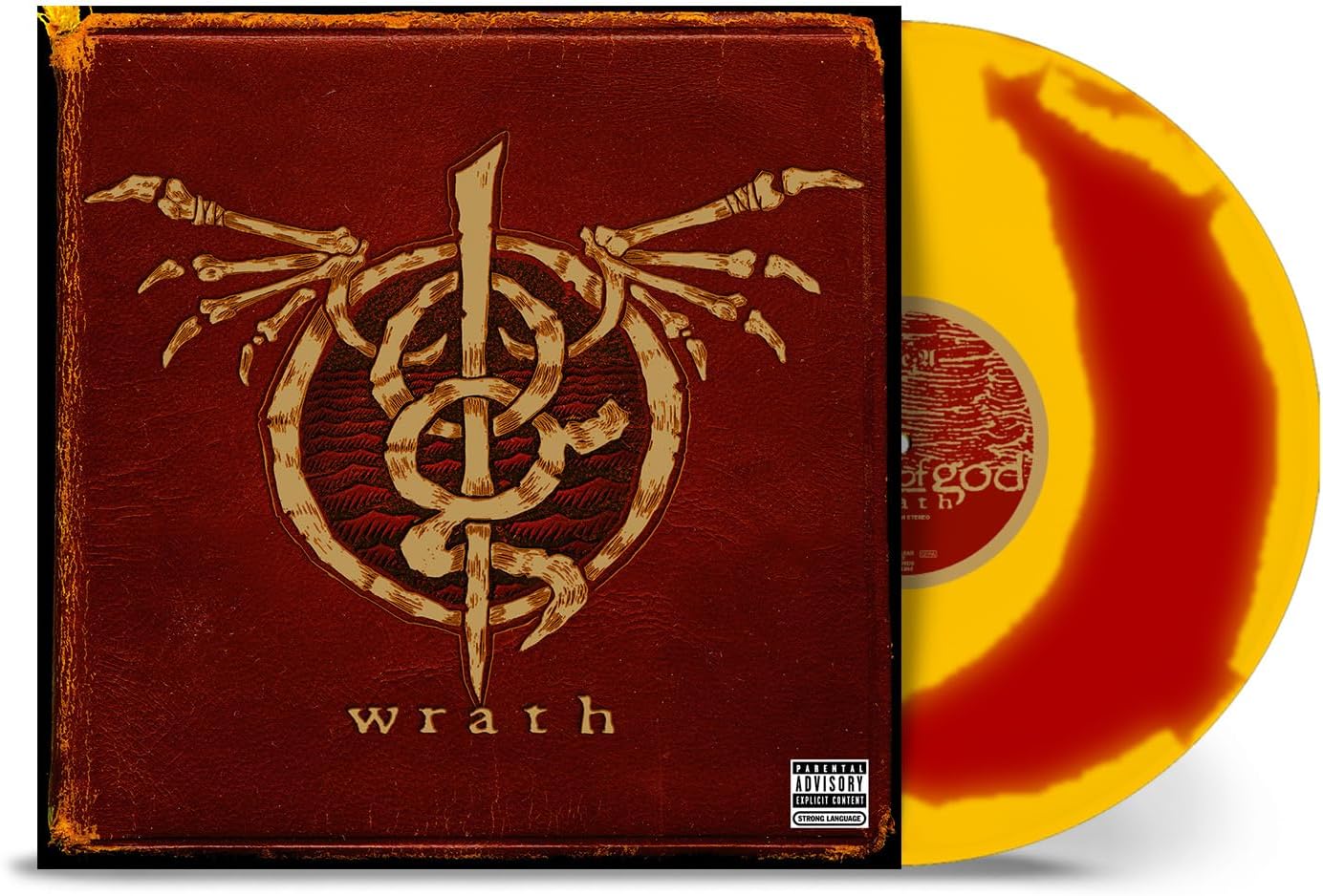 Lamb of God "Wrath" vinyl record with bone-like symbol and yellow disc.