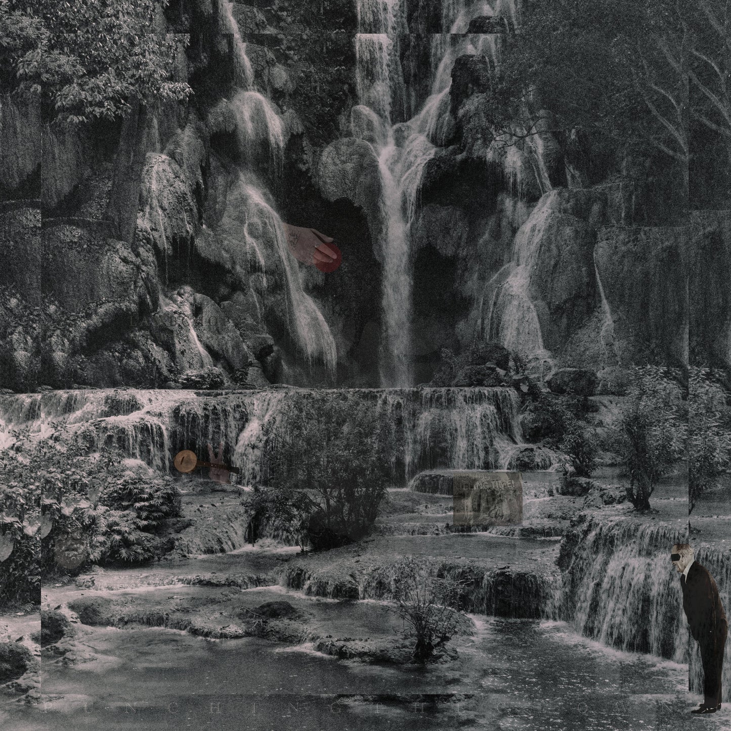 Monochrome landscape with waterfalls, a hand, and a figure with an animal head.