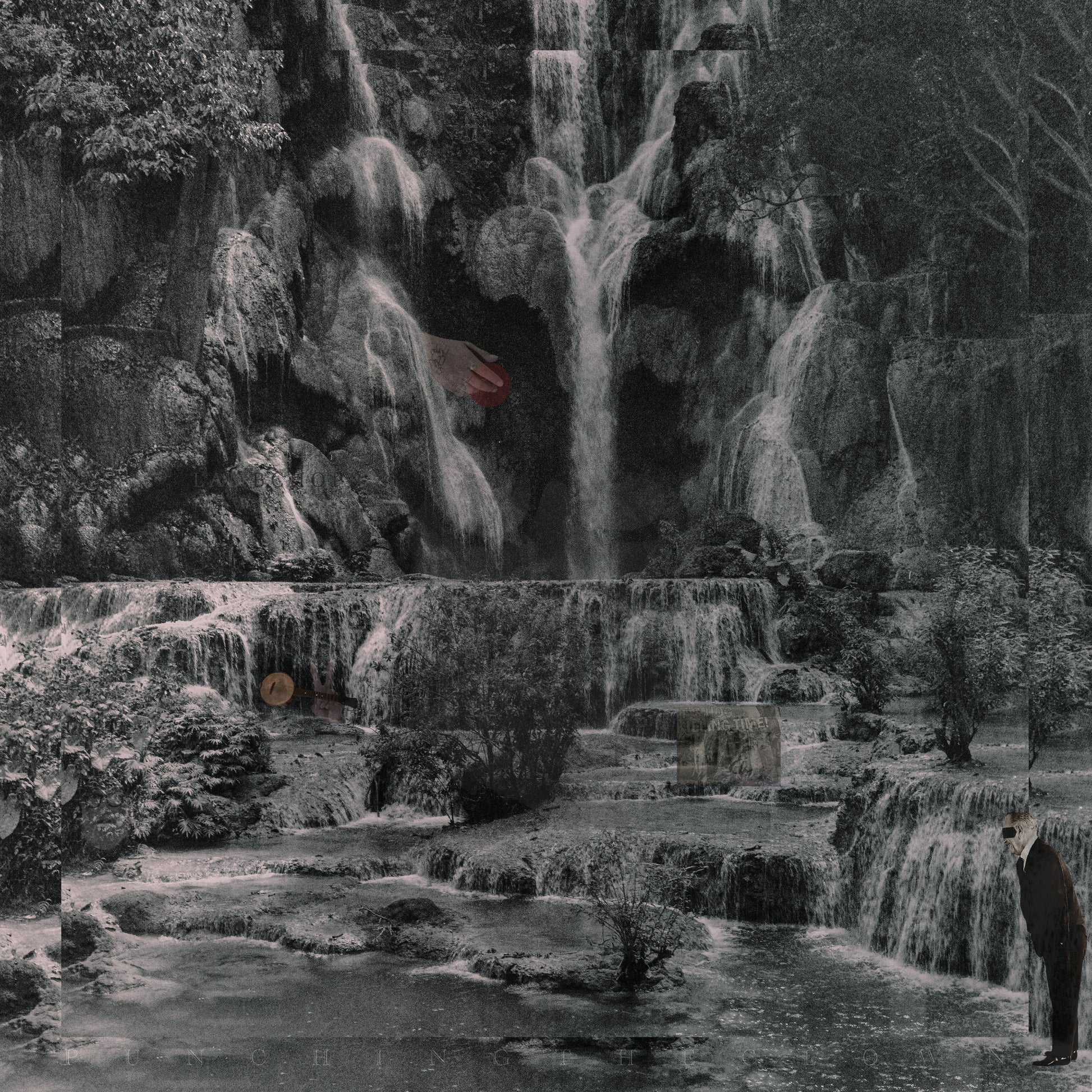 Monochrome landscape with waterfalls, a hand, and a figure with an animal head.