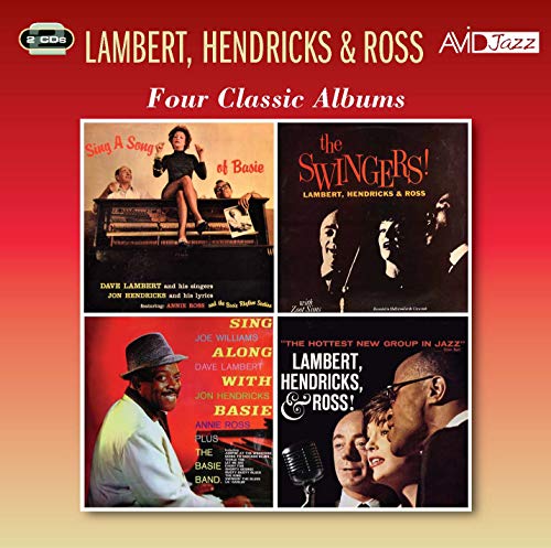 "Album cover with four classic album images on red and yellow gradient background."