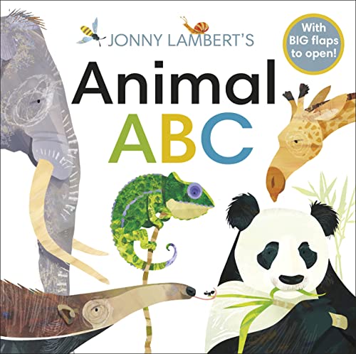 Book cover for Jonny Lambert's Animal ABC featuring an elephant, giraffe, chameleon, and panda.