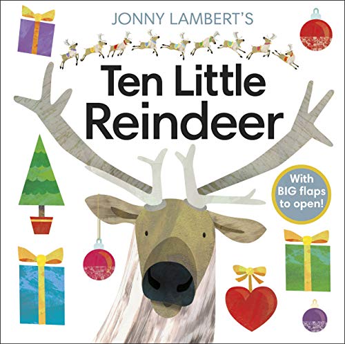 Children’s book cover featuring a reindeer face and ten reindeer silhouettes.