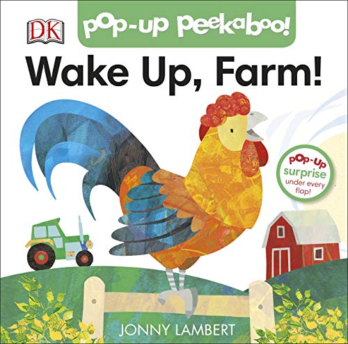 A colorful rooster stands on a fence with a farm tractor and barn behind.