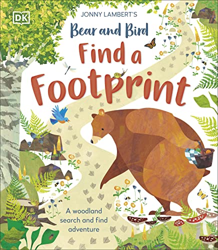 Brown bear and blue bird in a lush, illustrated woodland scene.